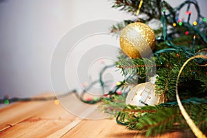 Christmas and New Year Decoration. Xmas holiday background with garlands, tinsel, ball