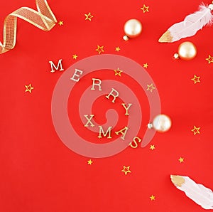 Christmas or new year decorations background in gold colors on red color background