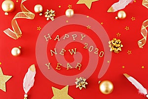 Christmas or new year decorations background in gold colors on red color background