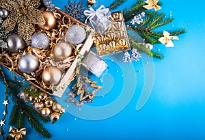 Christmas decorations on blue background