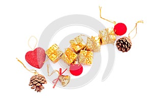 Christmas and New year decorations, Gift box, Pine cones, Red glitter heart, Golden bell and Red decoration christmas ball on whit