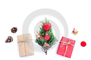 Christmas and New year decorations, Gift boxs, Pine cones, Pine branch, Red glitter heart, Golden bell and Red christmas ball