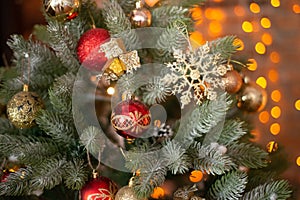 Christmas and new year decorations with lights. Concept and background.New Year, Christmas, spruce, Christmas