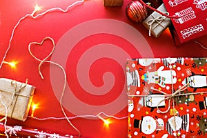 Christmas and New Year decorations mock up or flat lay on red background. Gifts, garland, snowman. Winter, New Years holidays conc