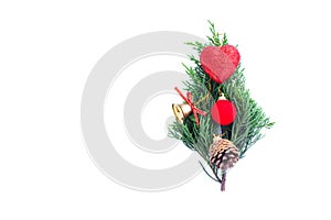 Christmas and New year decorations, Pine cones, Pine branch, Red glitter heart, Golden bell and Red decoration christmas ball