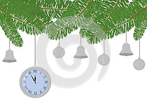 Christmas and new year fir decorations with clock, bells and balls vector illustration