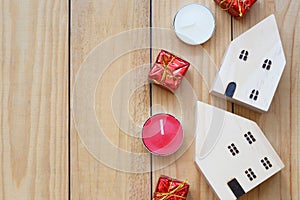 Christmas and new year decorations on wooden floor