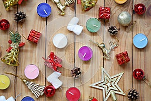 Christmas and new year decorations on wooden floor