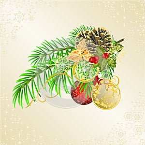 Christmas and New Year decorative branch christmas tree festive poinsettia and pine cones golden and red balls vintage vector ill