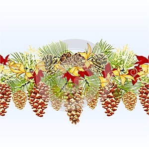 Christmas and New Year decorative seamless bordern branches with golden pine cones and snowflakes with golden and red poinsettia v