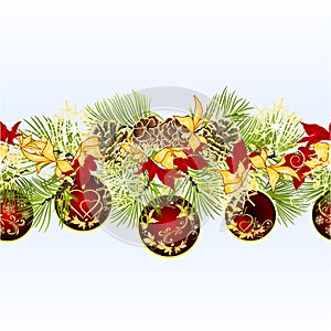 Christmas and New Year decorative seamless bordern branches with pine cones and red Christmas ornaments with golden and red poinse