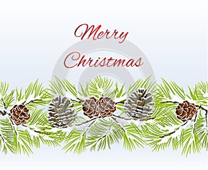 Christmas and New Year decorative seamless bordern snowy branches with pine cones vintage vector illustration editable