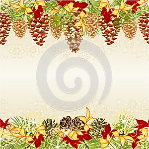 Christmas and New Year decorative seamless horizontal bordern branches with golden pine cones and snowflakes with golden and red p