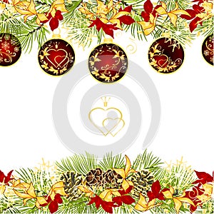 Christmas and New Year decorative seamless horizontal bordern branches with pine cones and red Christmas ornaments with golden and