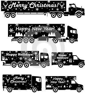 Christmas and New Year delivery. Set of different silhouettes of delivery trucks on white background. Vector illustration.