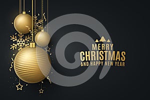 Christmas and New Year design card with decorations of golden hanging balls, confetti, snowflakes, stars. Celebration cover,