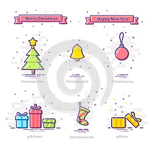 Christmas and New Year design set in mbe style. Vector flat Christmas and New Year elements.