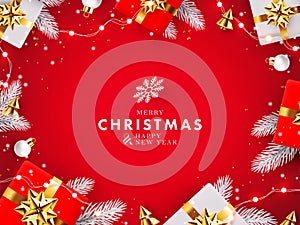 Christmas and New Year design. Xmas red background . Holiday poster, greeting card, website banner