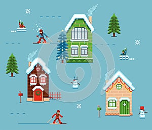 Christmas New Year embroidery pixelart, seamless pattern. Colorful houses, snowman, winter fun, X-mass tree and pines