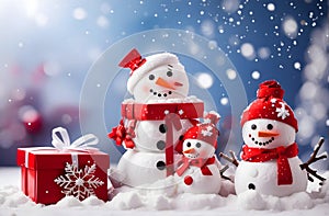 Christmas and new year with family snowman doll, golden star with gift box on white snow season in blue bokeh light background