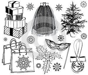 Christmas and new year fashion vector set. Holidays illustration with gift boxes and Christmas tree plant, mask