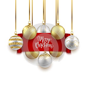 Christmas and New Year festive background design, decorative gold balls and red ribbon, vector illustration