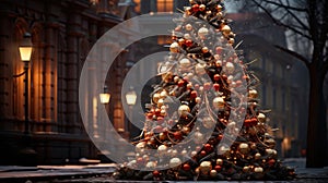 Christmas New Year festive big bright city tree with toys decorations and garlands of lights, abstract blurred holiday