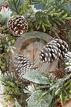 Christmas or New Year festive decorative natural background with a wooden texture with snowy green and white branches of spruce