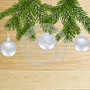 Christmas, New Year festive labels for postcards. Fir tree branches with balls on a background of natural boards