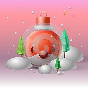 Christmas and New Year festive winter 3d composition in cartoon style. Santa Claus snow globe and winter Christmas trees
