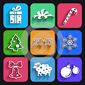 Christmas and new year flat icons with long shadows.