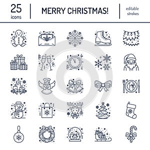 Christmas, new year flat line icons. Winter holidays - christmas tree gift, snowman, santa claus, fireworks, angel