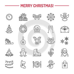 Christmas, new year flat line icons. Winter holidays - christmas tree gift, snowman, santa claus, fireworks, angel