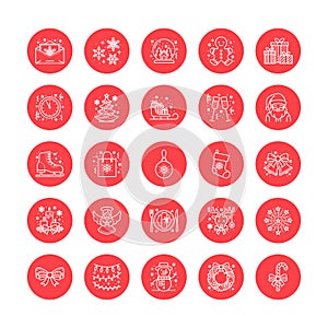 Christmas, new year flat line icons. Winter holidays - christmas tree gift, snowman, santa claus, fireworks, angel