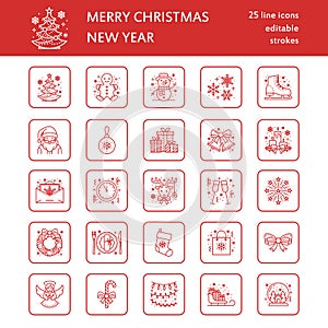 Christmas, new year flat line icons. Winter holidays - christmas tree gift, snowman, santa claus, fireworks, angel