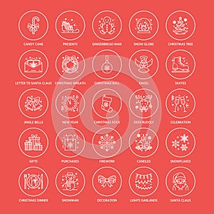 Christmas, new year flat line icons. Winter holidays - christmas tree gift, snowman, santa claus, fireworks, angel