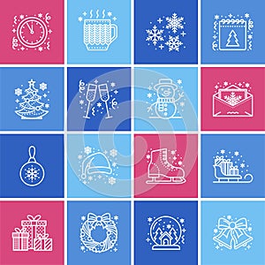 Christmas, new year flat line icons. Winter holidays - christmas tree gift, snowman, santa claus, fireworks, angel