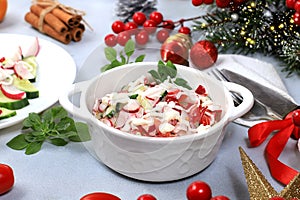 Christmas new year food, detox diet concept, traditional holiday vegetable salads, food design idea, flat lay, selective focus