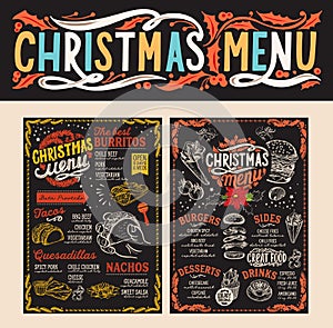 Christmas and New Year food menu template for restaurant. Vector illustration for holiday with hand-drawn lettering