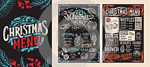 Christmas and New Year food menu template for restaurant. Vector illustration for holiday with hand-drawn lettering