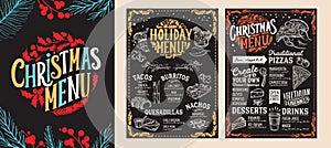 Christmas and New Year food menu template for restaurant. Vector illustration for holiday with hand-drawn lettering