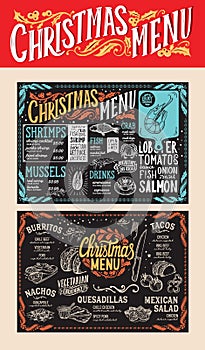 Christmas and New Year food menu template for restaurant. Vector illustration for holiday with hand-drawn lettering.
