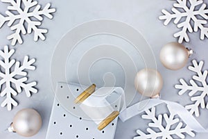 Christmas New Year Frame Arrangement Snow Flakes Baubles Gift Box White Silk Ribbon on Spool Greeting Card Poster Banner