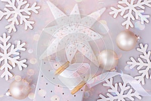 Christmas New Year Frame Banner Background Snow Flakes Star Baubles Gift Box White Silk Ribbon Spool Colorful Confetti Glitter