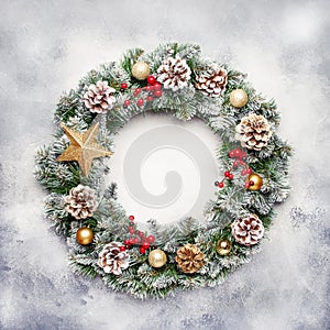 Christmas or New Year frame flat composition with green snow fir