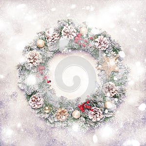 Christmas or New Year frame flat composition with green snow fir