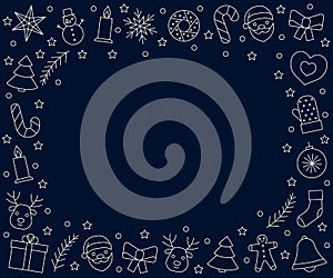 Christmas and New Year frame white line icons on dark blue background. Greeting happy chrismas. Vector template illustration