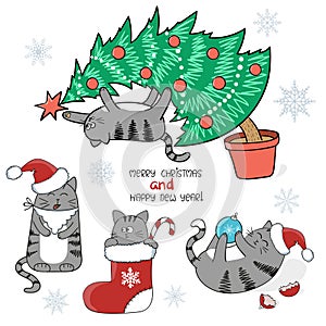 Christmas and New Year funny set. Cute cartoon cats