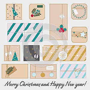 Christmas and new Year gift boxes. Winter seasonal presents set. vector line icons