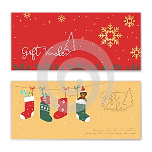 Christmas and new year gift certificate, voucher, gift card or cash coupon template with xmas ornament in vector format